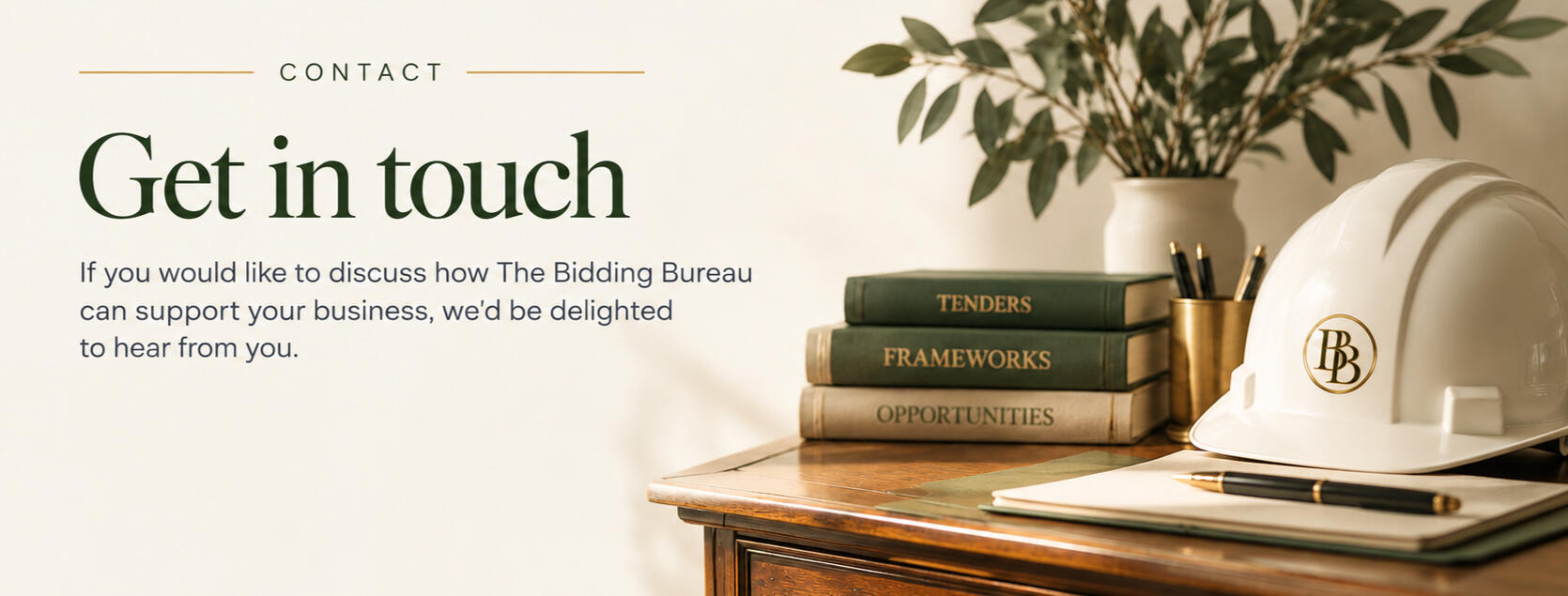 The Bidding Bureau contact graphic featuring construction tender books, a hard hat and stationery.